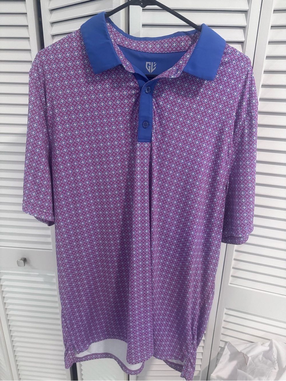 Mark & Graham Purple Geo-Print Polo with Royal Blue Collar